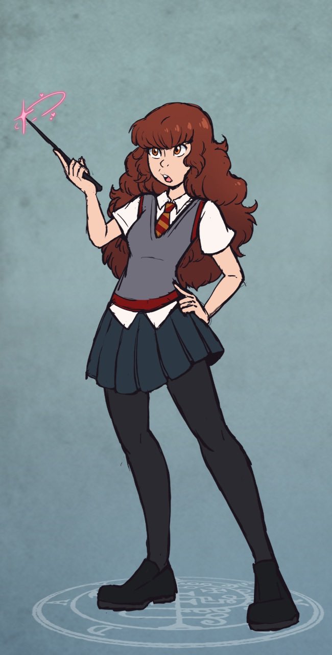 1girls bangs black_legwear brown_hair bushy_hair corruption curly_hair female hand_on_hip harry_potter hazel_eyes hermione_granger human legwear light-skinned_female light_skin long_hair magic magic_user open_mouth pantyhose pleated_skirt school_uniform schoolgirl shoes skirt slender_legs small_breasts solo standing stockings transformation wand wavy_hair wrenzephyr2