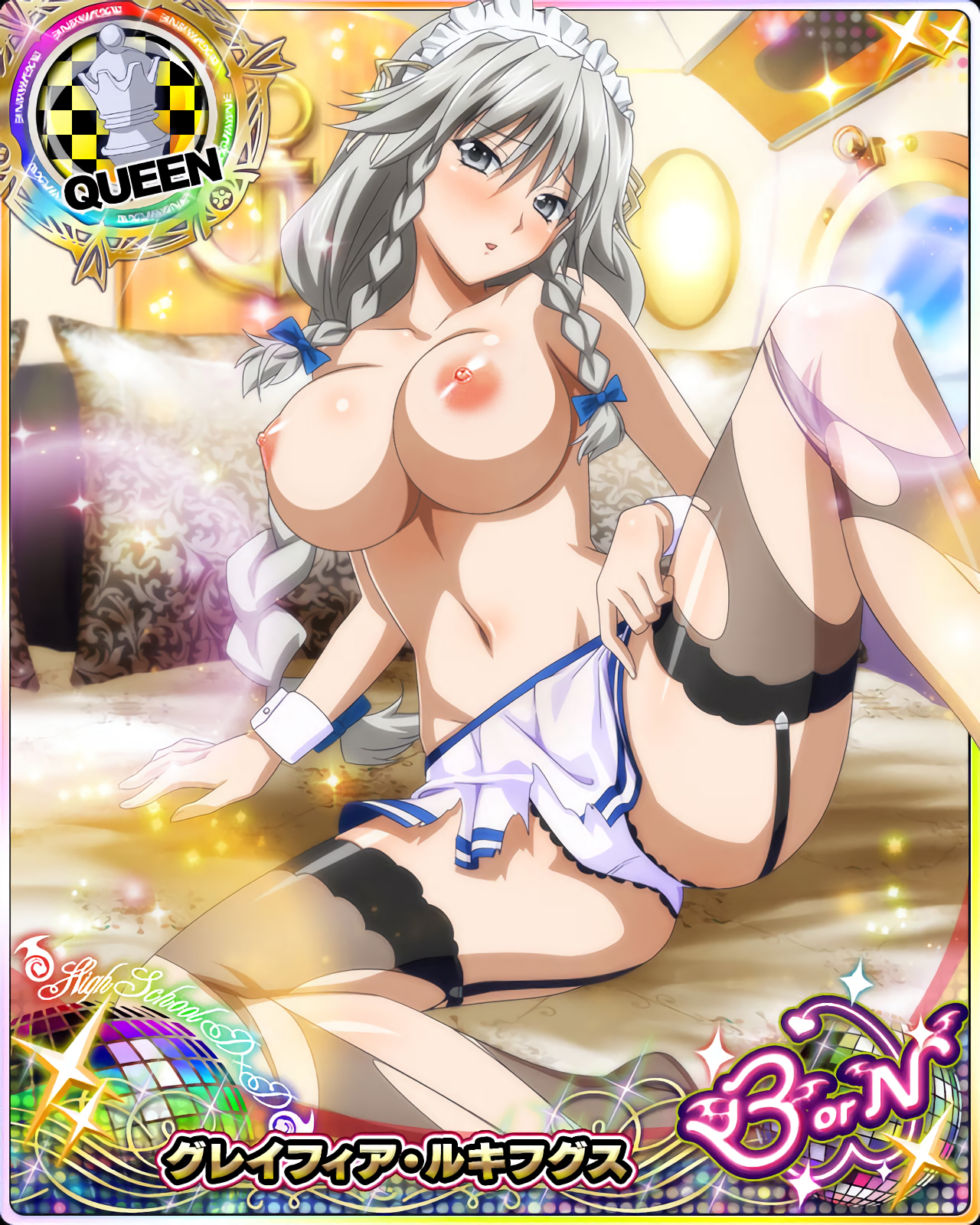 breasts, card (medium), female, grayfia lucifuge, high school dxd, large breasts, nipples, photoshop, pointy chin, seductive, spread legs, topless