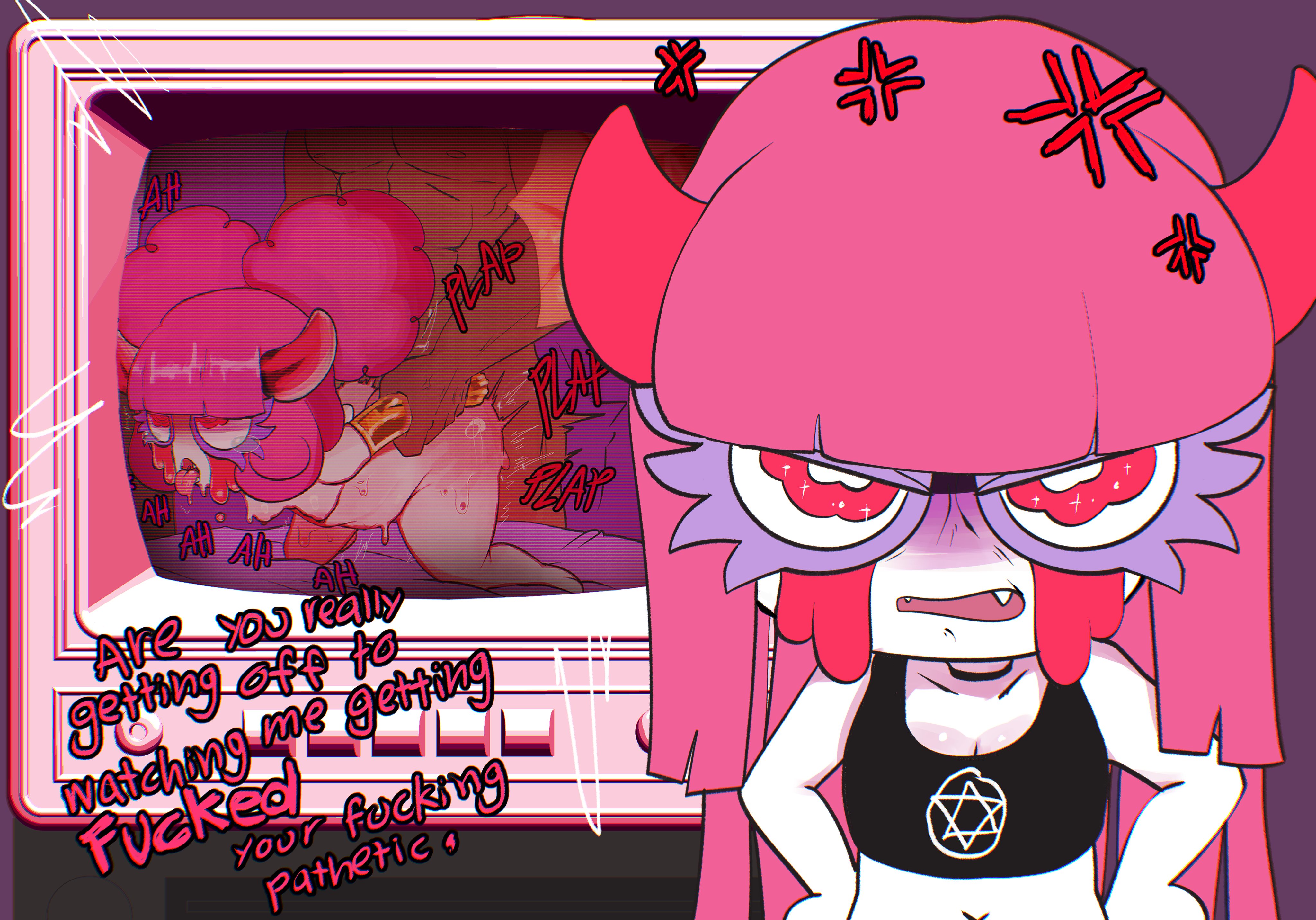 1girls, anal, anal sex, angry, chocovania (character), dark-skinned male, dialogue, english text, female, female focus, indie virtual youtuber, looking at viewer, meweeze, original, pale skin, pink hair, shaming viewer, shortstack, text, tv, twitch, virtual youtuber, watching porn