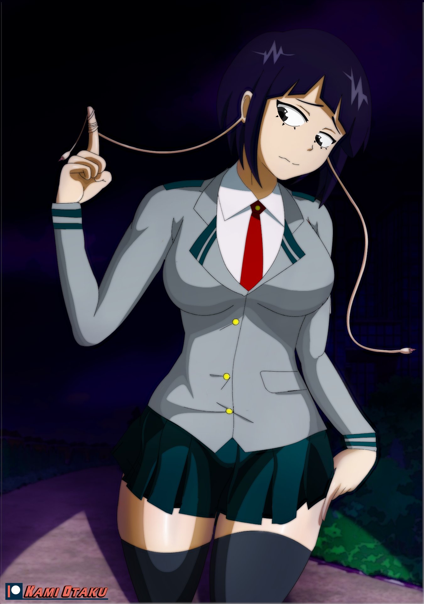 1girls busty curvy female female_only female_solo fully_clothed kami_otaku kyoka_jiro midriff my_hero_academia perky_breasts purple_hair school_uniform schoolgirl schoolgirl_uniform short_hair skirt solo solo_female solo_only stockings thick_thighs thighhighs