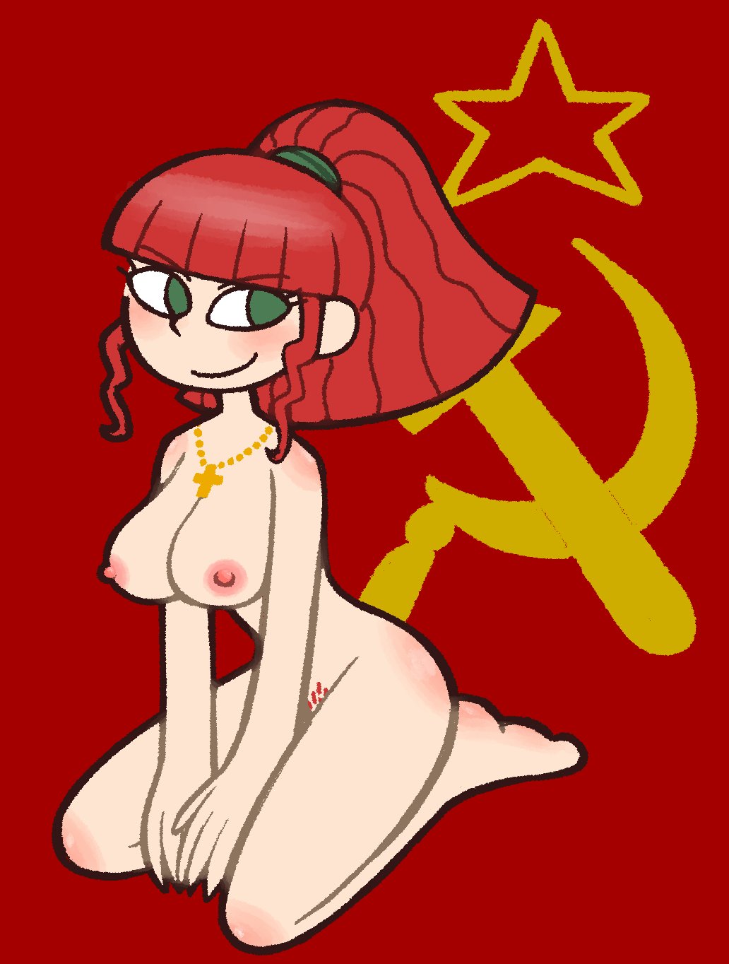 bangs blush communism cross_necklace exposed_breasts female_only green_eyes gunbuster hammer_and_sickle jung_freud kneeling krusha64612042 light-skinned_female pubic_hair red_hair russian russian_female smile solo_female soviet_flag