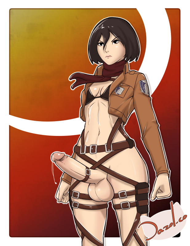 1futa attack_on_titan black_hair cleavage dazol erection futa_only futanari intersex jacket large_penis mikasa_ackerman penis precum short_hair solo standing straps testicles