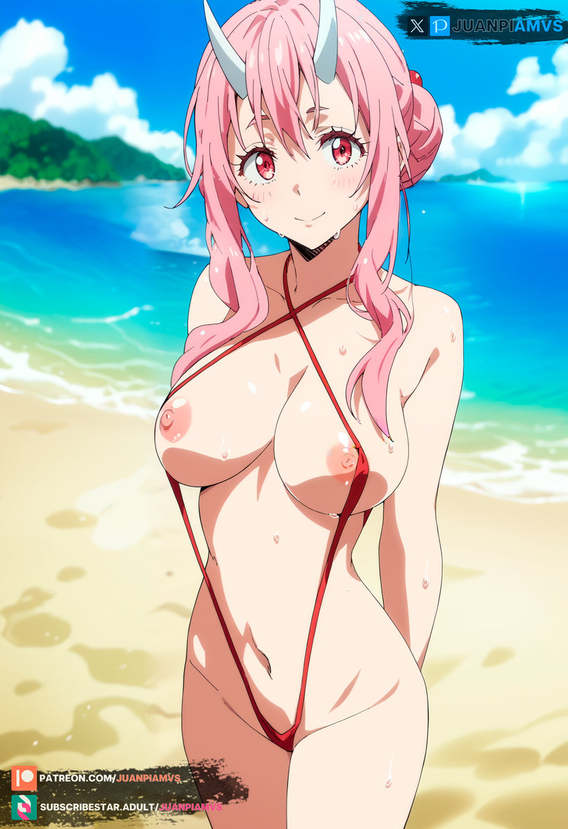 1girls, ai generated, beach, bikini, breasts, female, female only, horns, juanpiamvs, long hair, medium breasts, patreon, patreon username, pink hair, red eyes, shuna (tensei shitara slime datta ken), solo, subscribestar, subscribestar username, tensei shitara slime datta ken, watermark