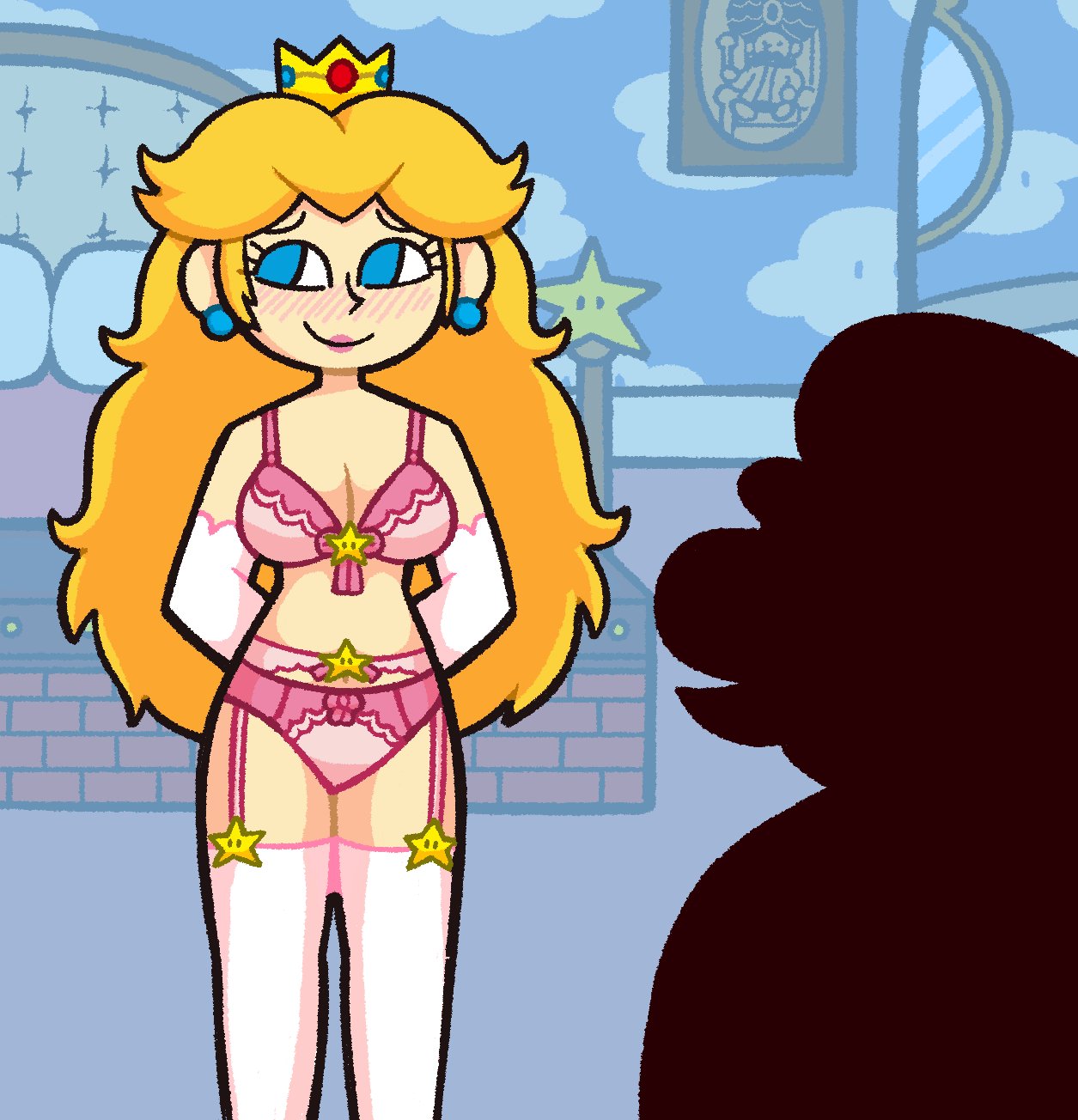 blonde_hair blue_eyes blush bra cleavage crown cute earrings elbow_gloves exposed_midriff female_focus garter_belt garter_straps krusha64612042 light-skinned_female lingerie long_hair mario mario_(series) nervous nintendo out_of_frame panties power_star princess_peach smile thighhighs wholesome