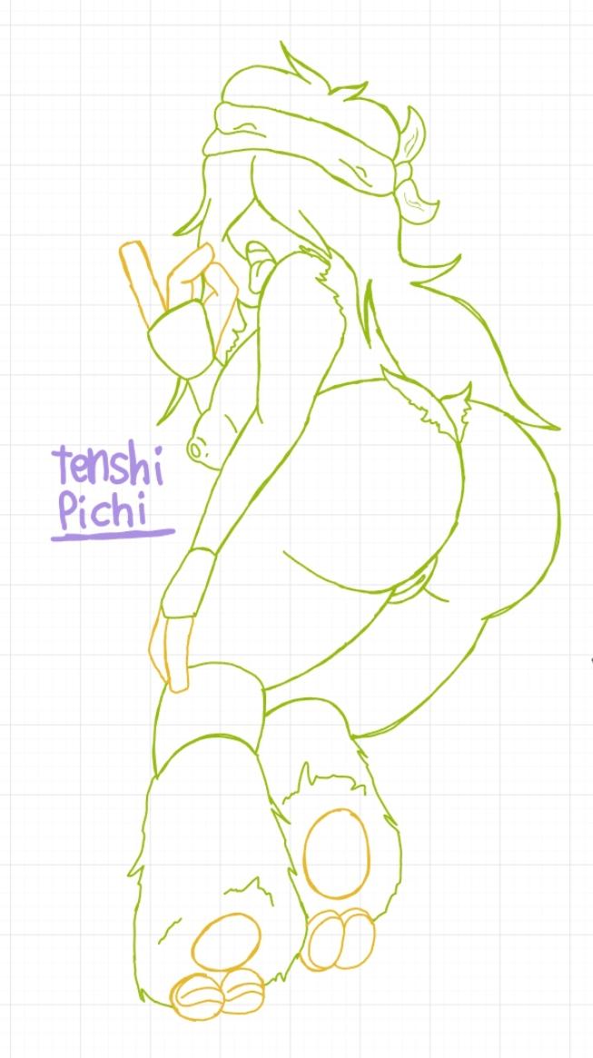 colored_sketch fellatio_gesture green_fur hair_covering_eyes hand_on_thigh headband my_singing_monsters pomily presenting rooba sketch suggestive tenshipichi tongue_out