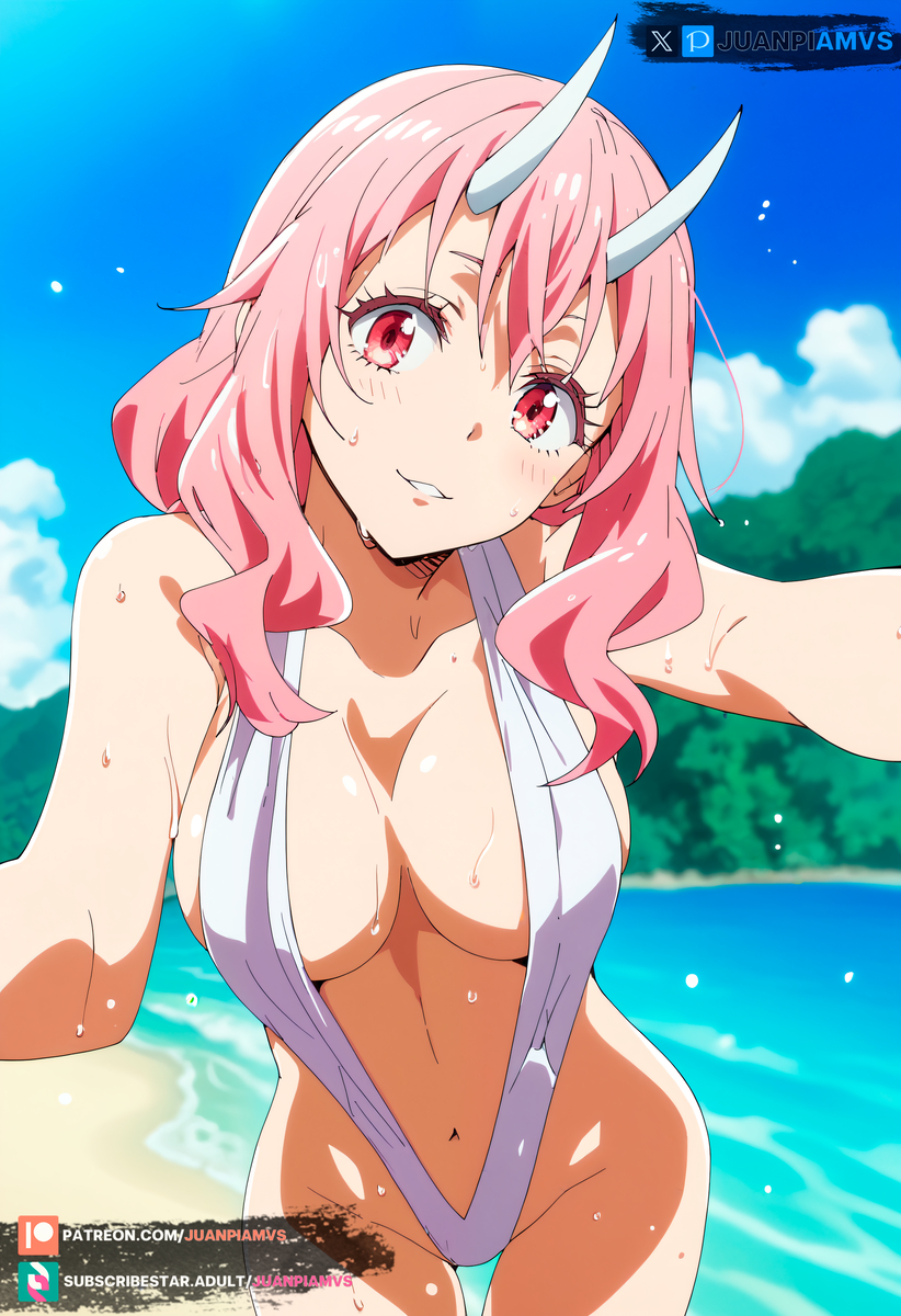 ai_generated beach bikini horns juanpiamvs long_hair medium_breasts patreon patreon_username pink_hair red_eyes shuna_(tensei_shitara_slime_datta_ken) subscribestar subscribestar_username tensei_shitara_slime_datta_ken watermark