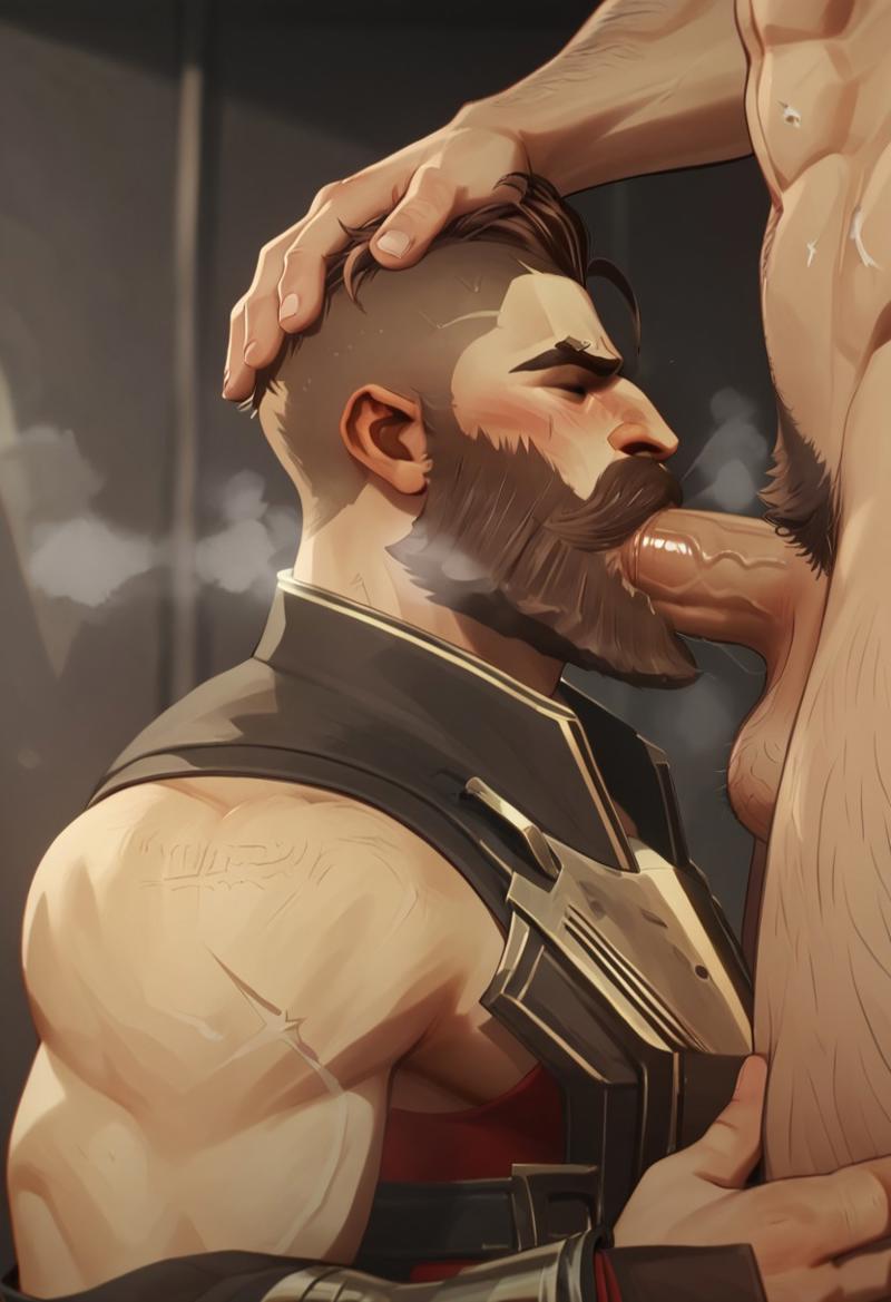 ai_generated arcane armor bara beard big_muscles blowjob brown_hair close_up closed_eyes face_fucking facial_hair gay giving_head grabbing_head hairy hairy_balls hairy_male hairy_penis holding_leg irrumatio kneeling league_of_legends low-angle_view male male/male masculine mature_male moustache muscular muscular_male noxian_soldier oral oral_sex penis pubic_hair rictus_(arcane) rictus_(league_of_legends) side_view thick_penis uncensored veiny_penis