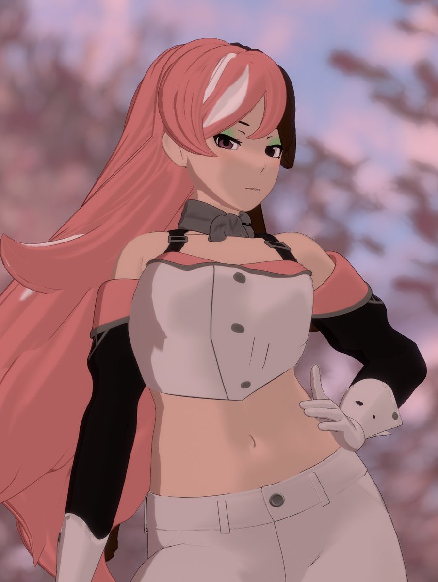 1girls 3d bare_shoulders big_breasts breasts brown_eyes brown_hair busty female female_only gloves half-closed_eyes hand_on_hip heterochromia hi_res large_breasts legs makeup midriff navel neo_(rwby) pants pink_eyes pink_hair pose posing rwby seductive seductive_look sleeveless solo thighs