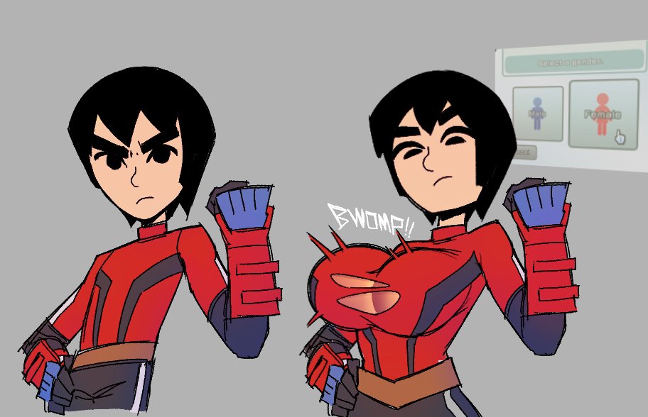 1boy, 1girls, breast growth, breasts, gender transformation, genderswap, genderswap (mtf), inconvenient breasts, male to female, mii, mii brawler, mtf transformation, rule 63, sqwunx (artist), super smash bros., tomboy