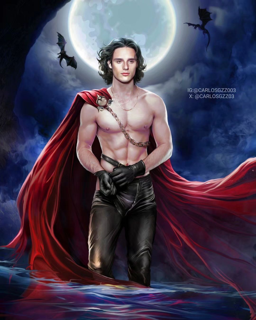 1boy 1male abs black_hair bulge bulge_through_clothing bulging_biceps cape chest dragon game_of_thrones gloves half-dressed half_naked house_of_the_dragon jacaerys_velaryon long_hair male_only mist moon moonlight necklace pants prince royalty shoulder_length_hair solo_male water watermark