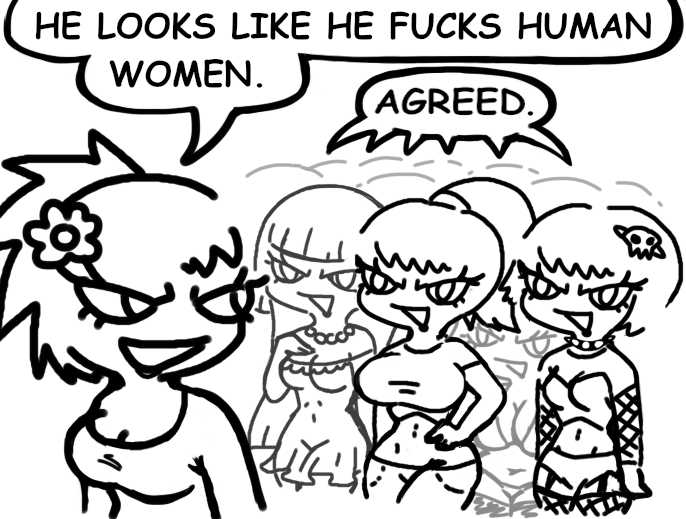 artist_request bead_necklace beads breasts cleavage collar crop_top crowd curvy english_text eyelashes fishnet_armwear fishnets jewelry meme monochrome multiple_girls navel necklace open_mouth she_looks_like_she_fucks_human_men_(meme) smile speech_bubble spiked_collar spikes talking white_devils_&quot;agreed&quot;