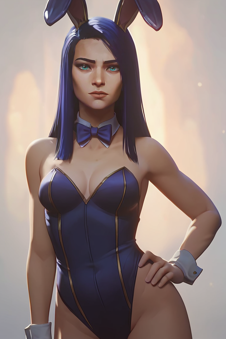 1girls ai_generated arcane_caitlyn blue_eyes bowtie breasts bunny_ears bunnysuit caitlyn_kiramman collar cowboy_shot female female fit_female hand_on_hip hips league_of_legends leotard looking_at_viewer medium_breasts navel playboy_bunny purple_hair solo solo_female solo_focus stable_diffusion tagme thighs