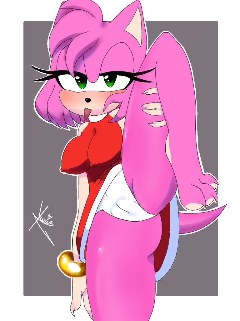 1girls 2024 alternate_version_available amy_rose anthro blush breasts claws clothed clothing crossant_emma female female_only furry green_eyes grey_background hedgehog nails nipple_bulge one_leg_up panties pink_fur pink_hair sega solo solo_female sonic_(series) tail tongue tongue_out