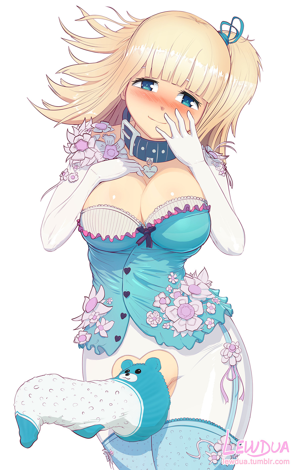1futa, blonde hair, blue eyes, blush, breasts, bulge, cleavage, clothing, cock sleeve, cock sleeve (clothes), cock sock, collar, erection, futa only, futanari, gloves, intersex, large breasts, lewdua, long gloves, nessie (lewdua), original, penis, smile, solo, solo futa, standing, thighhighs