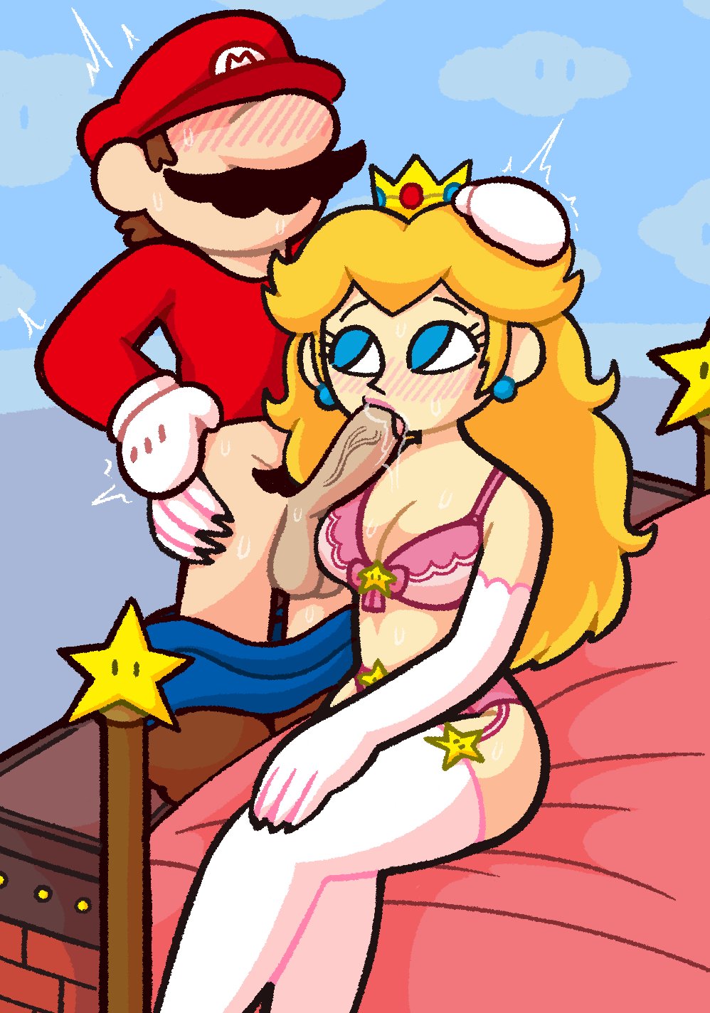 arm_around_partner big_penis blonde_hair blowjob blue_eyes blush bra cleavage clothed_male crown cute earrings elbow_gloves faceless_male female_focus garter_belt garter_straps hand_on_head krusha64612042 light-skinned_female lingerie long_hair looking_at_partner mario mario_(series) nintendo panties power_star princess_peach shorter_male taller_female thighhighs