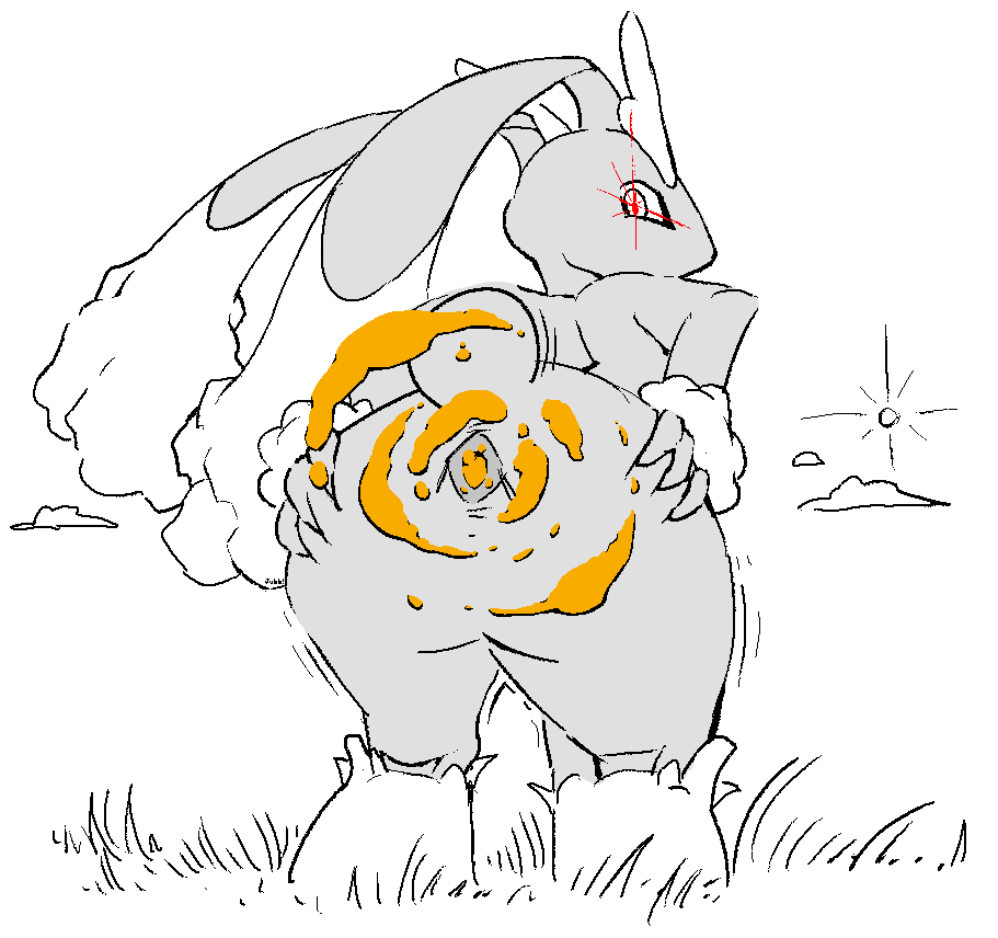 2022 alpha_pokemon anthro anus artist_name ass butt_focus butt_grab cloud fart fart_cloud fart_fetish farting_at_viewer female gaping gaping_anus generation_4_pokemon grass hand_on_butt jubb lagomorph leaning leaning_forward leporid long_ears looking_at_viewer looking_back looking_back_at_viewer lopunny mammal monochrome motion_lines nintendo plant pokemon pokemon_(species) rabbit raised_tail rear_view red_eyes scut_tail short_tail simple_background solo spread_butt spreading sun tail text white_background