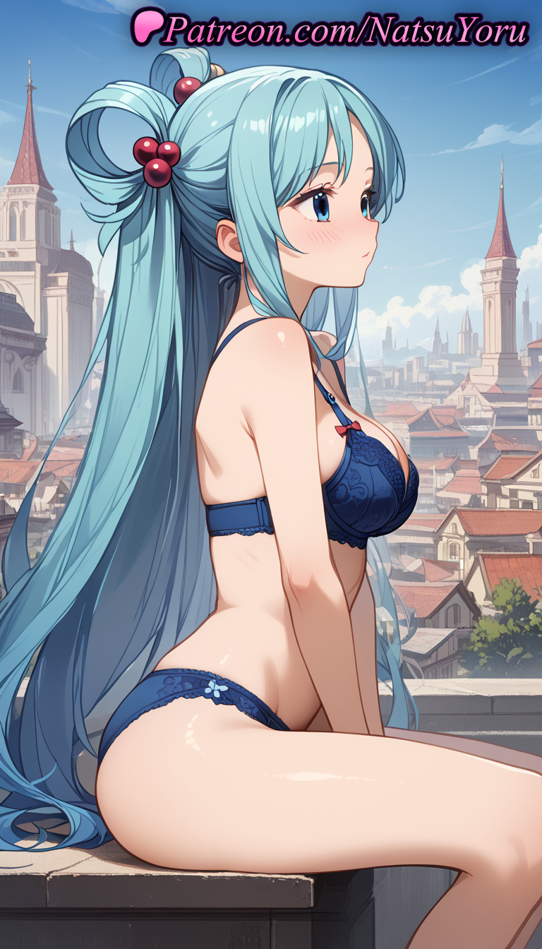 1girls ai_generated anime anime_style aqua_(konosuba) aqua_hair asian bangs bare_arms bare_legs bare_shoulders between_legs blue_bra blue_eyes blue_hair blue_panties blue_sky blush bow bra breasts building bust busty castle city cleavage closed_mouth cloud day feet_out_of_frame female female_focus female_only from_side hair_beads hair_bobbles hair_ornament hair_rings hand_between_legs hentai juicy_butt kono_subarashii_sekai_ni_shukufuku_wo! lace-trimmed_bra large_breasts legs lingerie long_hair looking_ahead looking_away medium_breasts natsuyoru outdoors panties pantsu single_hair_ring sitting skindentation sky solo solo_female thighs town underwear underwear_only very_long_hair voluptuous voluptuous_female