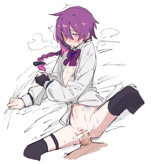 1boy azuma_shino bed_sheet black_bow blouse bow braid bruise closed_mouth female flat_chest hairbow heavy_breathing injury long_braid long_hair long_sleeves nia_(azuma_shino) nipples original purple_bow purple_eyes purple_hair purple_ribbon ribbon sex sheet_grab shirt thighhighs violet_hair white_background white_shirt