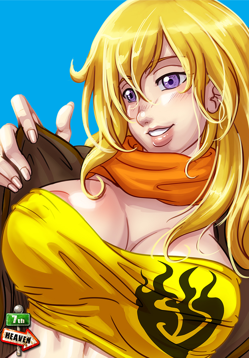 7th-heaven, areola slip, areolae, big breasts, blonde hair, breasts, cleavage, female, female only, large breasts, long hair, nipple bulge, no bra, rwby, solo, tubetop, yang xiao long