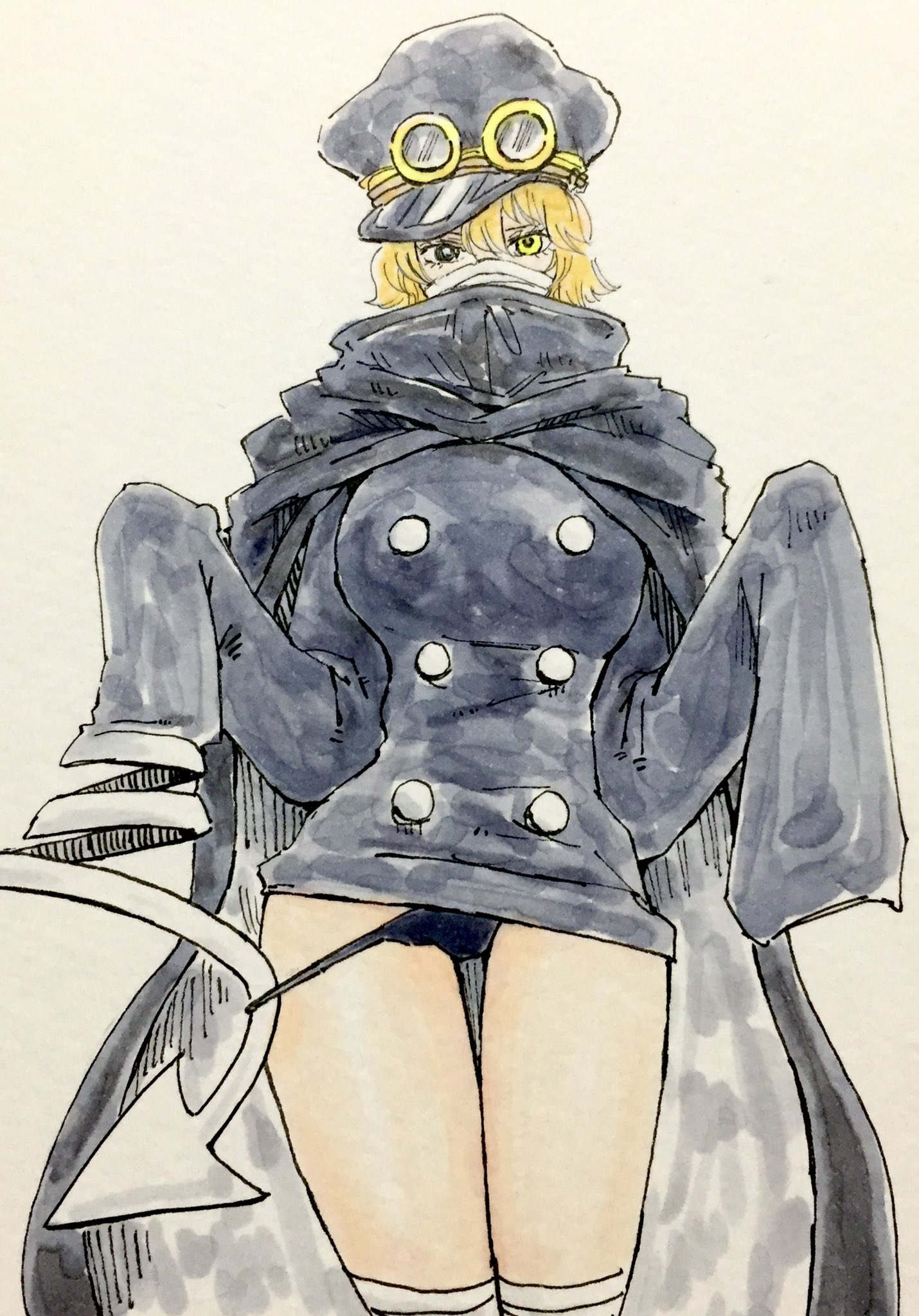 1girls, bandages, breasts, busty, clothing, coat, curvy, female, female only, gamenamepuipui, gunko, hat, heterochromia, legs, mask, one piece, panties, panties down, panty pull, puipui, solo, wide hips