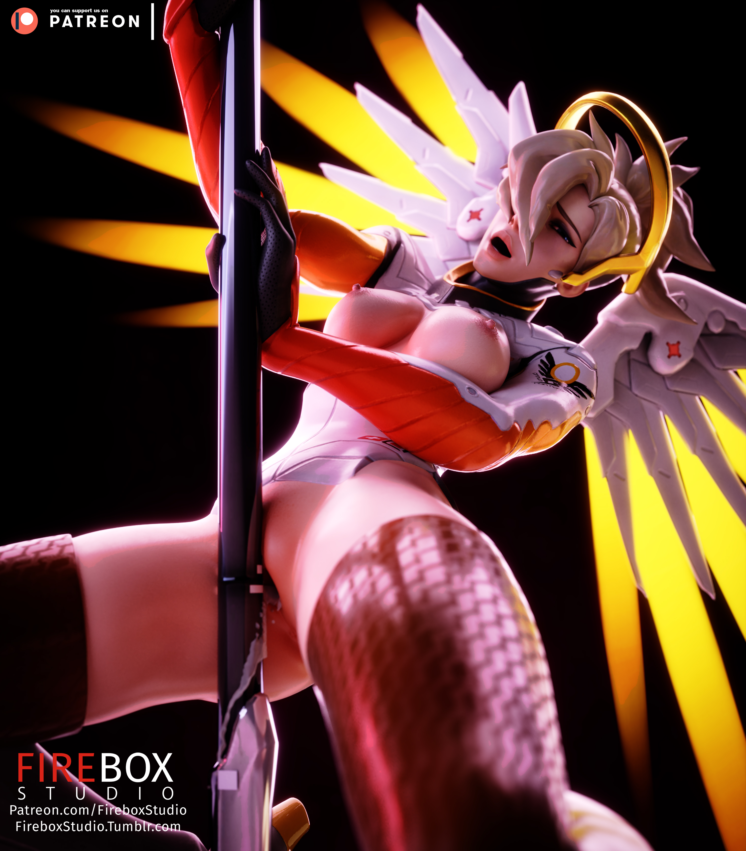 3d, absurdres, angela ziegler, areolae, blender, blizzard entertainment, breasts, female, female only, fireboxstudio, highres, looking at viewer, masturbation, mercy, nipples, overwatch, patreon username, pussy, solo, thighhighs, tumblr username