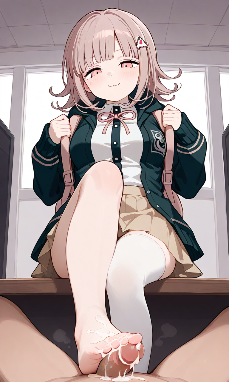 ai_generated cum cum_on_feet danganronpa danganronpa_2:_goodbye_despair dominant_female feet foot_fetish foot_play footjob nanami_chiaki steam stepped_on toes