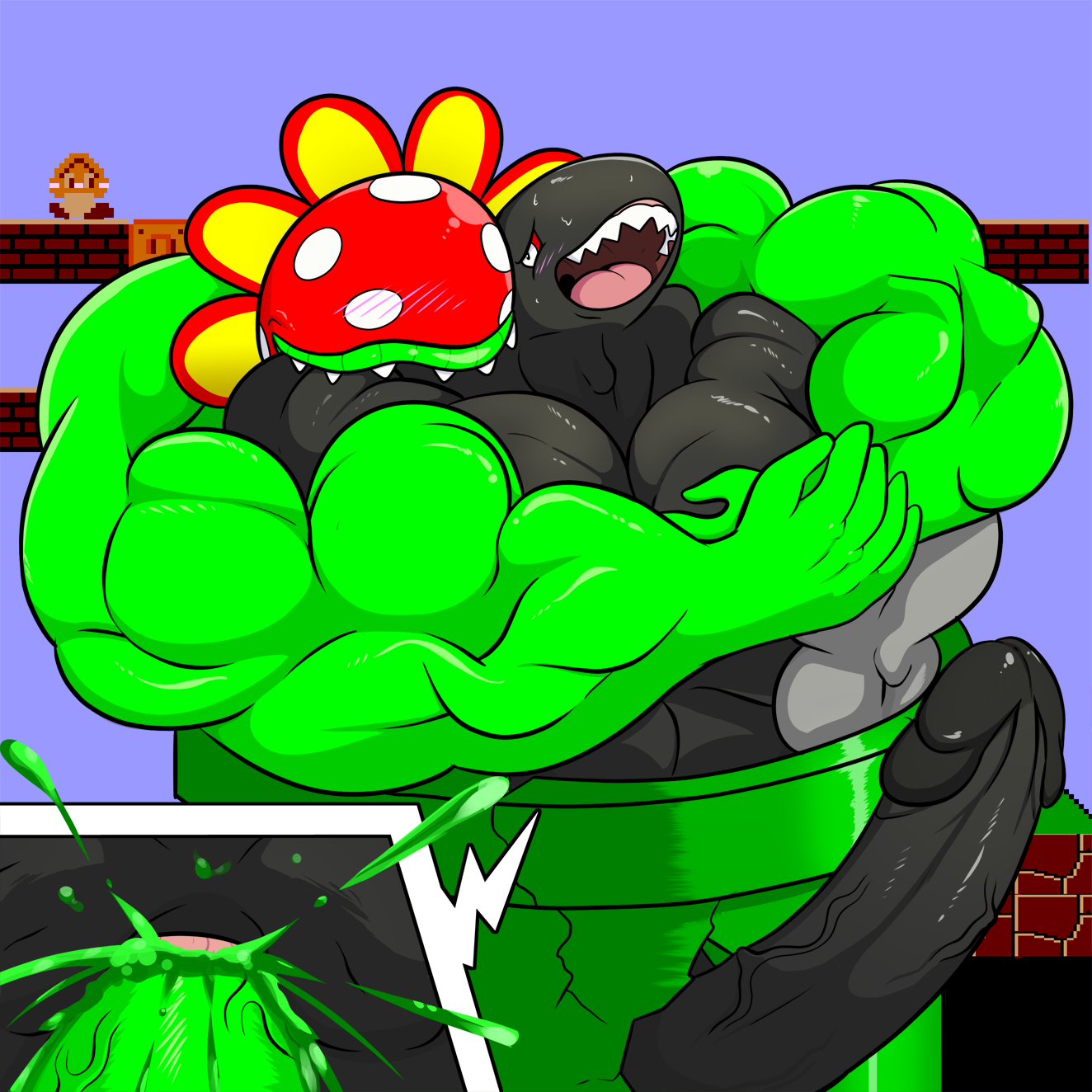 1other, 2boys, ambiguous gender, anal, anal sex, anthro, anthrofied, banzai bill, big muscles, bite, black nipples, bullet bill, cum, cum inside, erection, flora fauna, goomba, hugging, hugging from behind, humanoid penis, hyper, hyper muscles, hyper penis, male, male focus, mario (series), multiple boys, multiple males, muscles, muscular, muscular male, nintendo, nipples, open mouth, outdoors, penetration, penis, petey piranha, piqueraj, piranha plant, plant, super mario bros., super mario bros. (nes), super mario sunshine, teeth, vein, veiny penis, video games, yaoi