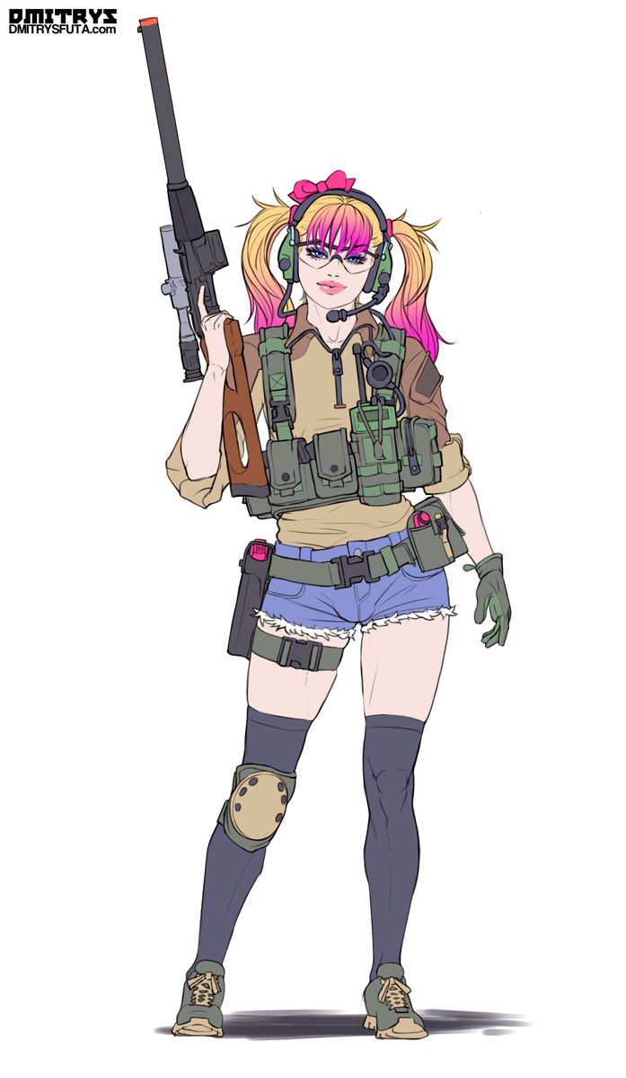 1boy androgynous belt bimbo blonde_hair blue_eyes bow bulge dmitrys eyeshadow female femboy girly gloves gun headphones holster jean_shorts lipstick looking_at_viewer makeup male military peach_(dmitrys) rifle shorts sneakers sniper_rifle solo stockings trap twintails two-tone_hair vss_vintorez weapon