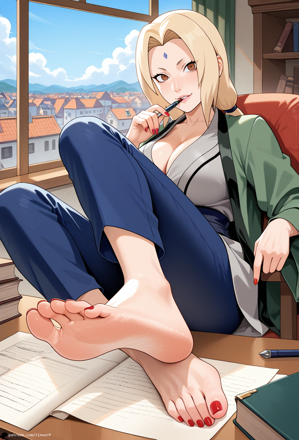 1girls ai_generated barefoot big_breasts big_feet blonde_hair blush book bottomless bottomless_female brown_eyes chair cleavage curtains desk documents feet feet_on_legs female foot_fetish foot_focus front_view fully_clothed haori holding_object huge_breasts indoors kimono large_breasts long_hair long_toes looking_at_viewer mature_female meaty_soles milf nai_diffusion nail_polish naruto naruto_(series) naruto_shippuden office on_desk oppai pants paperwork patreon_username pen pov pov_eye_contact pov_feet presenting_feet seducing sinnerp sitting sitting_on_chair soles solo solo_female table teasing toenail_polish toes tsunade url voluptuous watermark web_address