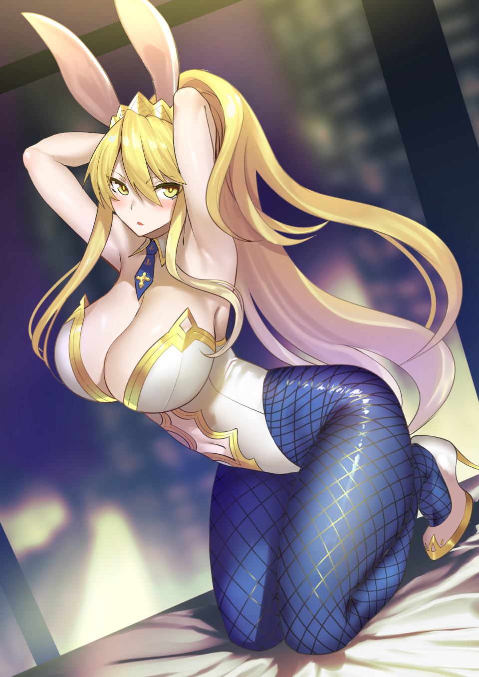 1girls animal_ears armpits arms_behind_head arms_up artoria_pendragon artoria_pendragon_(all) artoria_pendragon_(fate) artoria_pendragon_(swimsuit_ruler)_(fate) artoria_pendragon_(swimsuit_ruler)_(first_ascension)_(fate) bed_sheet big_breasts blonde_hair blue_pantyhose blush breasts city cleavage clothing_cutout crown detached_collar eyes_visible_through_hair fake_animal_ears fate/grand_order fate_(series) female fishnet_pantyhose fishnets high_heels highres huge_breasts kneeling leotard long_hair looking_at_viewer muunyan_(yumenekoya) navel navel_cutout necktie open_mouth pantyhose playboy_bunny ponytail rabbit_ears shiny_clothes sidelocks solo very_long_hair white_leotard window yellow_eyes