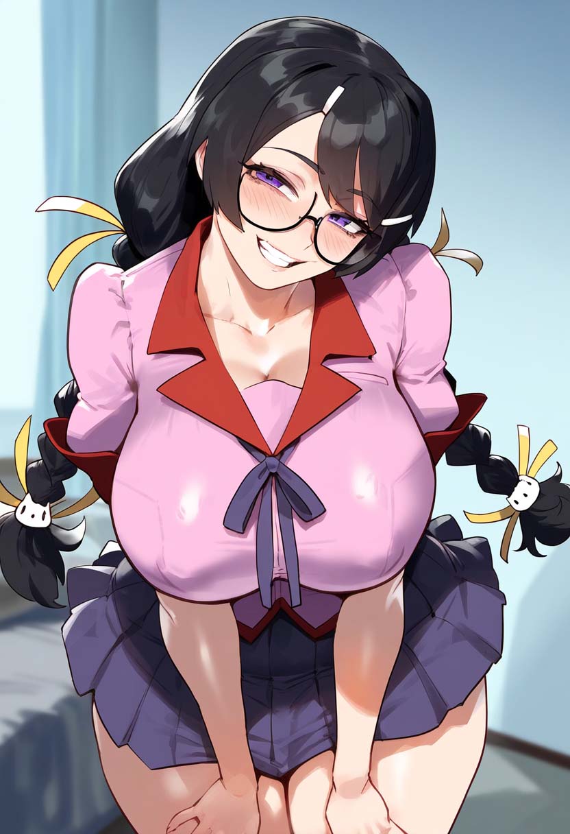 ai_generated bakemonogatari bed bedroom bent_over big_breasts black_hair braided_twintails breasts_squeezed_together cleavage covered_nipples erect_nipples erect_nipples_under_clothes glasses half-closed_eyes hanekawa_tsubasa huge_breasts large_breasts leaning_forward looking_at_viewer monogatari_(series) nipple_bulge nipples school_uniform seductive_look seductive_smile solo tharkica twin_braids twintails