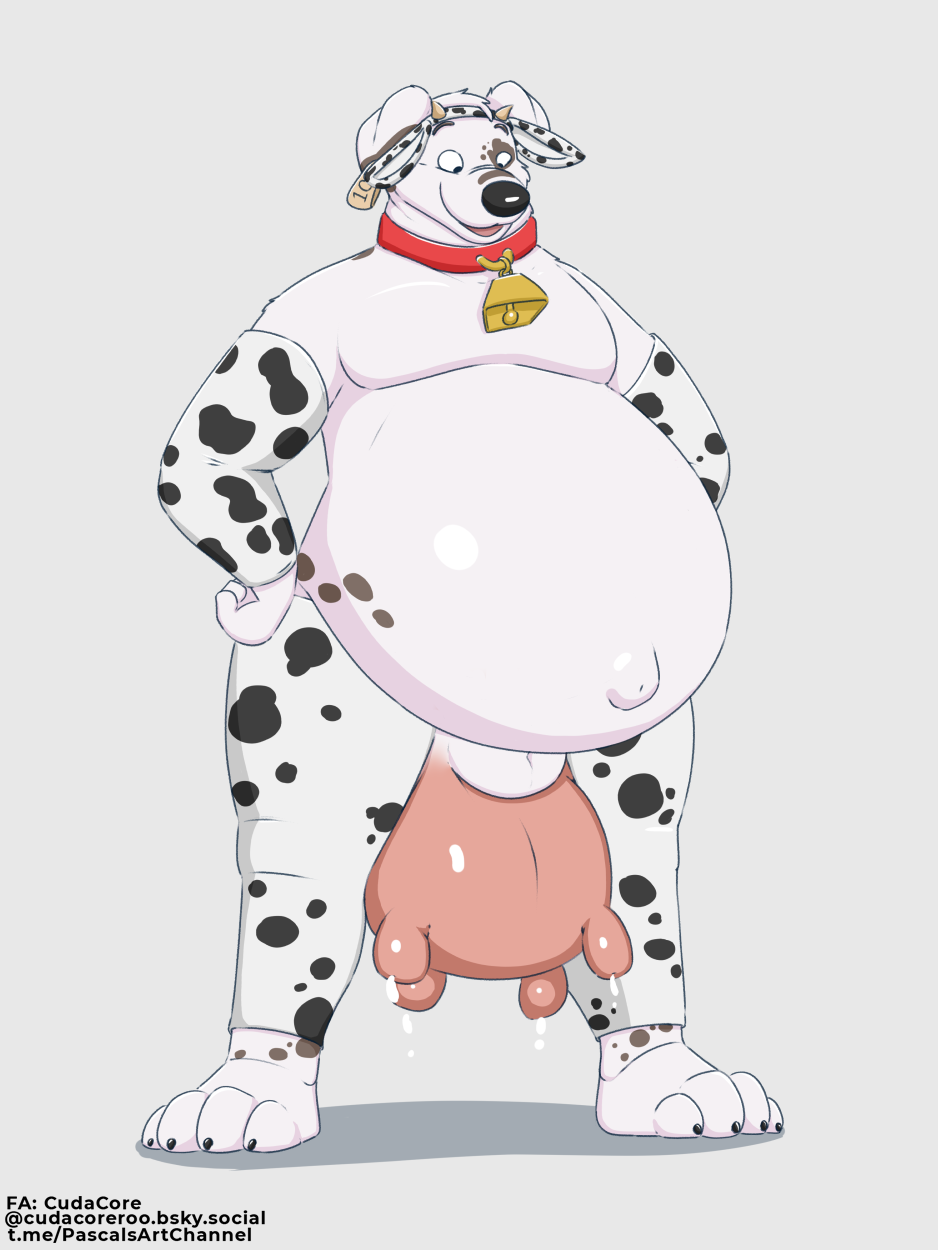 animal_genitalia belly belly_inflation big_belly bodily_fluids cow_costume cowbell cudacore cum cum_drip dripping feet furry genital_fluids genitals hi_res humanoid inflation male navel outie_navel pascal_(cudacore) paws pregnant pregnant_male sheath slightly_chubby teats toes udder_balls udders