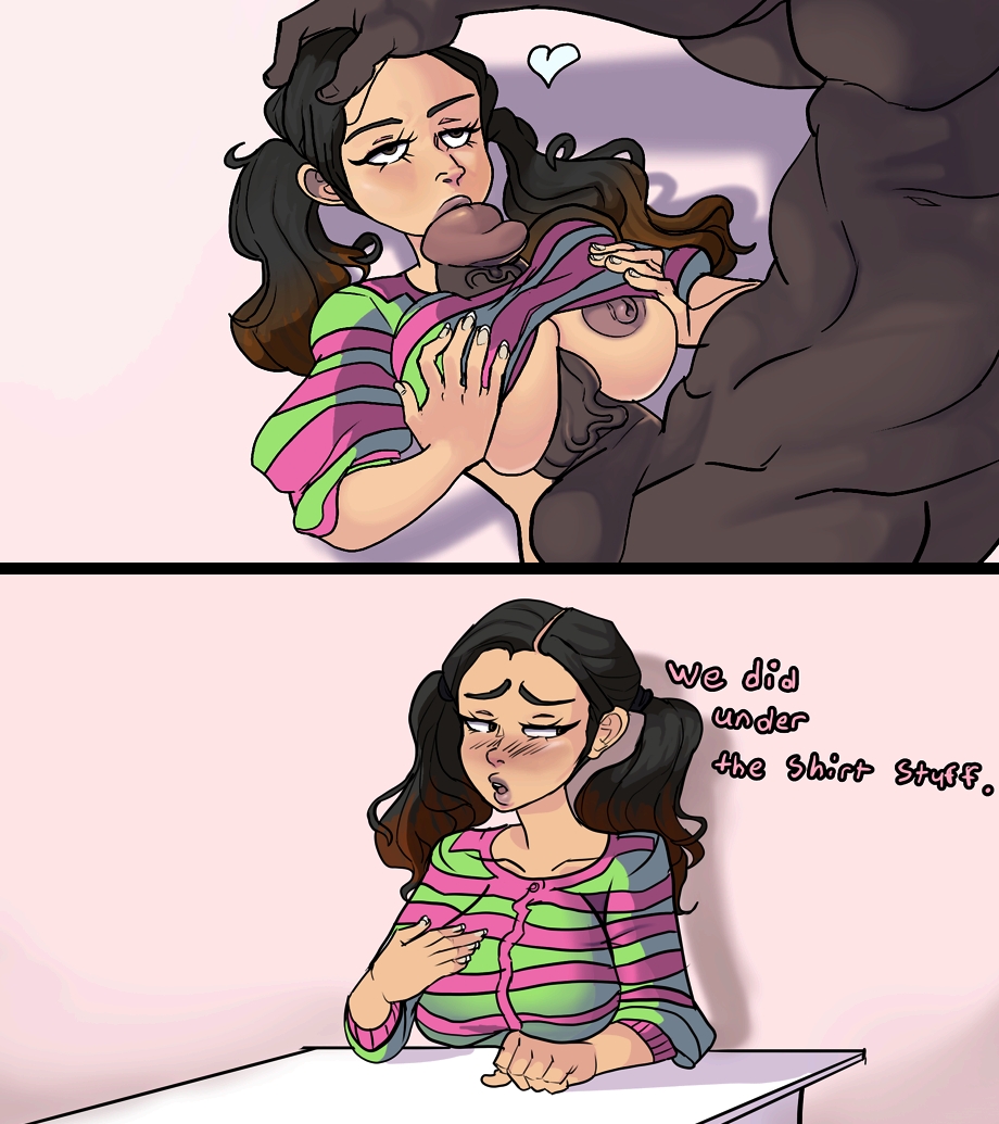 2 panel comic, blush, blushing female, breasts, clothed paizuri, color, dark skin, dark-skinned male, dialogue, english text, female, female focus, fuzz (youtuber), hand on chest, heart, indian female, looking away, male, mr.sir 69, paizuri, paizuri under clothes, real person, self upload, straight, striped shirt, text, titfuck under clothes, titfucking, titjob, twintails, under clothes, youtuber girl