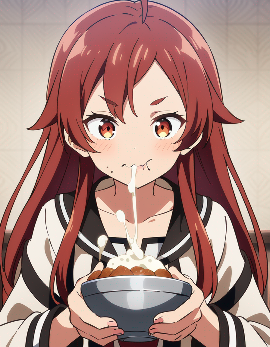 1girls ai_generated blush bowl closed_mouth clothed cum cum_bowl cum_drip cum_in_bowl cum_in_container cum_in_food cum_in_mouth cum_on_face drooling drooling_cum eating eating_cum eris_greyrat female female_only food long_hair morindar mushoku_tensei open_eyes red_eyes red_hair swallowing swallowing_cum