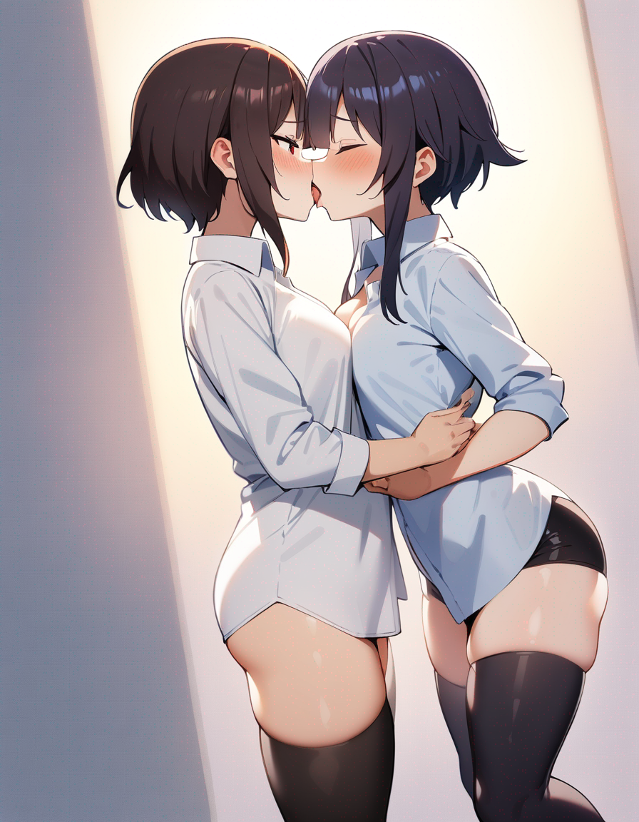 2girls ai_generated black_stockings brown_hair closed_eyes clothed kissing kissing kono_subarashii_sekai_ni_shukufuku_wo! lesbian_kiss megumin morindar open_eyes shirt small_breasts stockings tongue tongue_out twins white_shirt yuri yuri