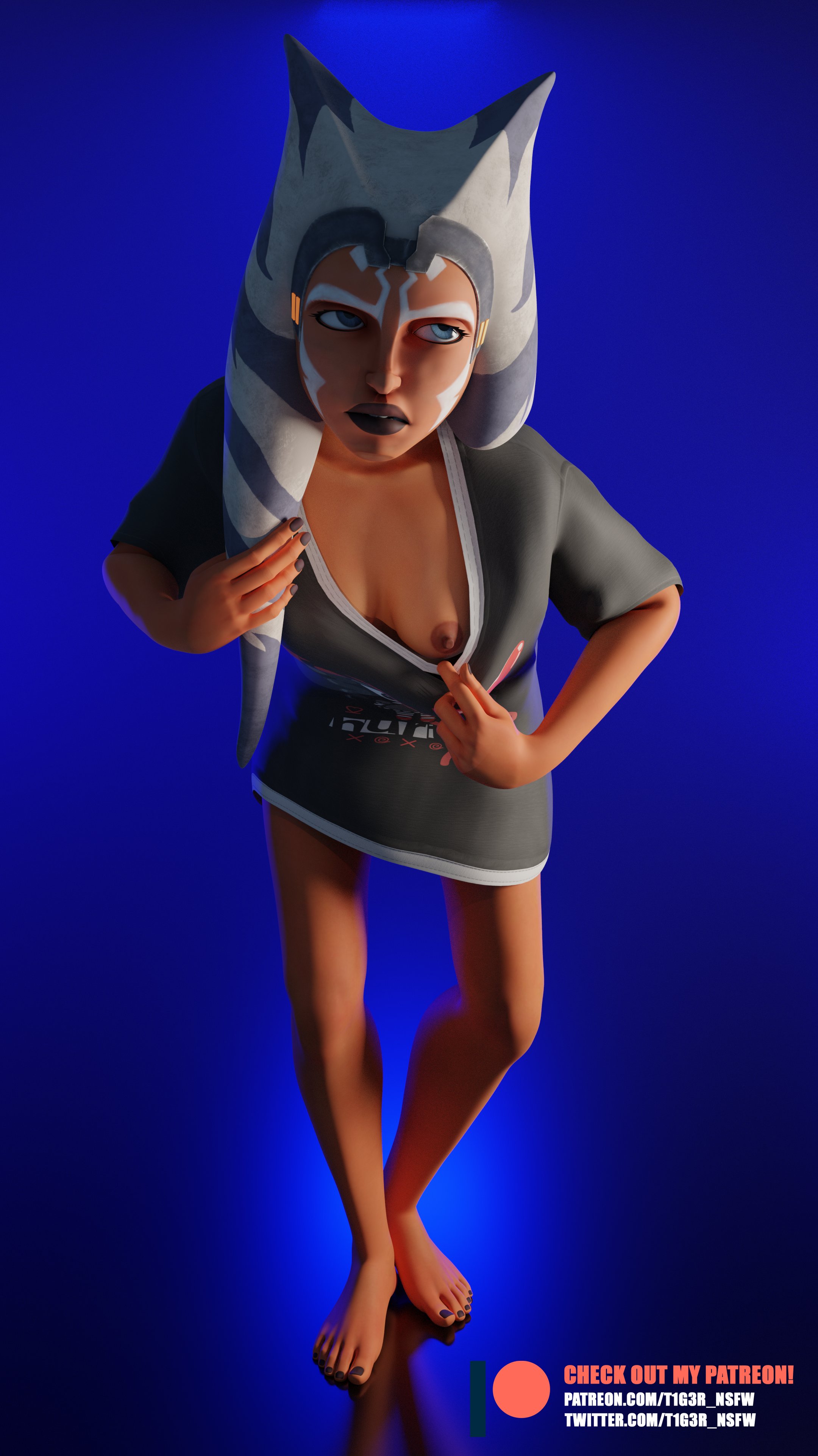 1girls, 3d, ahsoka tano, airress3d (3d-modeller), alien, breasts, female, female only, nipples, orange skin, solo, star wars, t1g3r, togruta