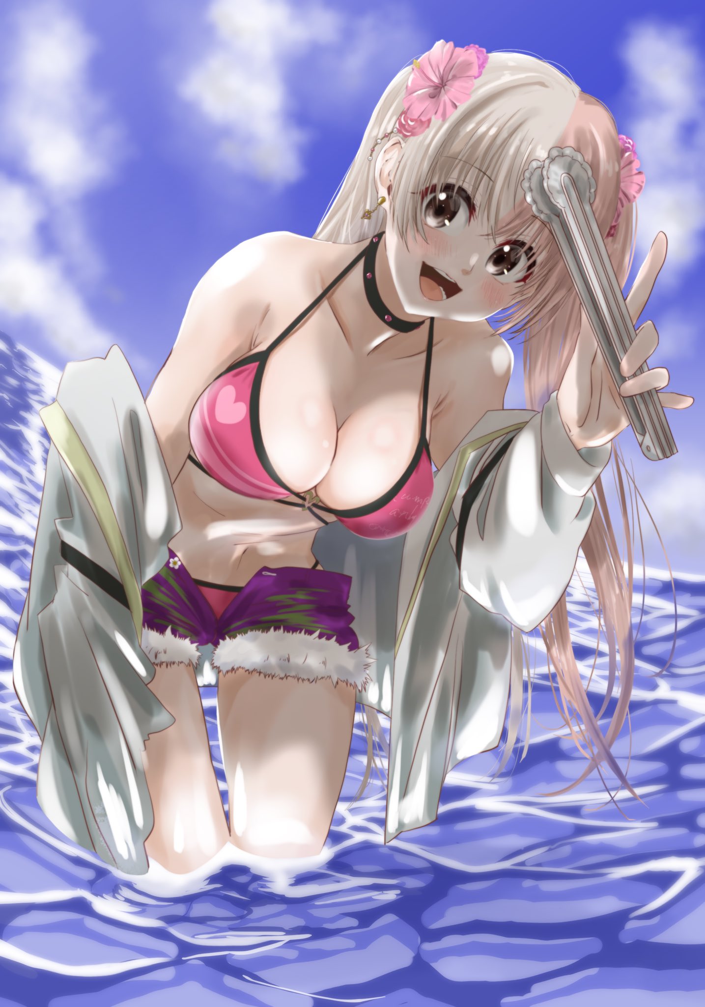 beach big_breasts bikini blush d4dj inaba_seijin jacket ocean shinomiya_kokoa shorts swimsuit tongs water