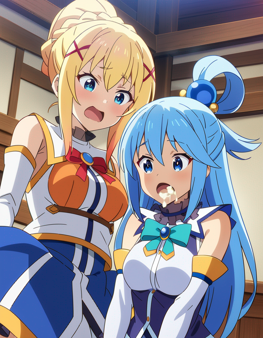 2girls ai_generated aqua_(konosuba) aqua_eyes aqua_hair blonde_hair blue_eyes blue_hair breasts clothed cum cum_drip cum_in_mouth cum_on_tongue darkness_(konosuba) drooling drooling_cum female female_only kono_subarashii_sekai_ni_shukufuku_wo! morindar open_eyes open_mouth surprised tongue tongue_out yellow_hair