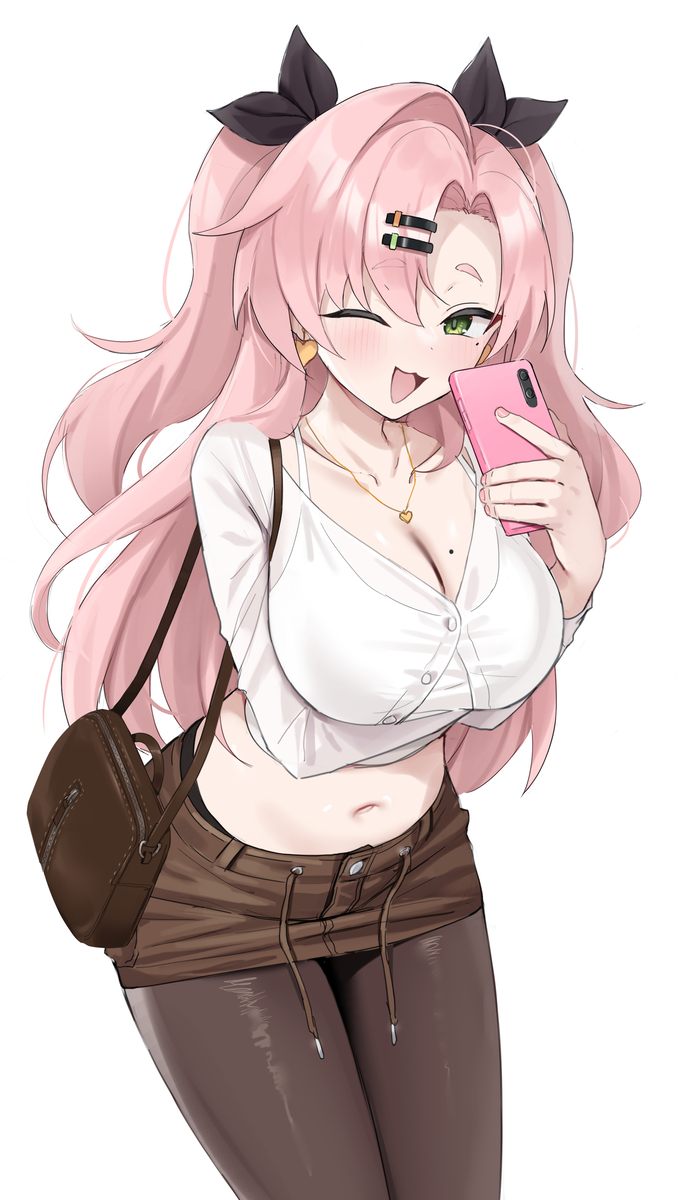 1girls bag bare_midriff casual_clothes green_eyes large_breasts mole necklace nicole_demara open_mouth phone pink_hair shengtian solo solo_female wide_hips wink zenless_zone_zero