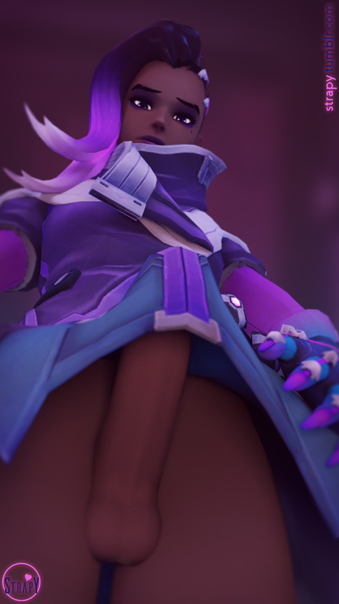 1futa, 3d, balls, blender, dark skin, dark-skinned futa, futa only, futanari, intersex, looking at viewer, overwatch, penis, penis under skirt, skirt, solo, solo futa, sombra, strapy, testicles, upskirt