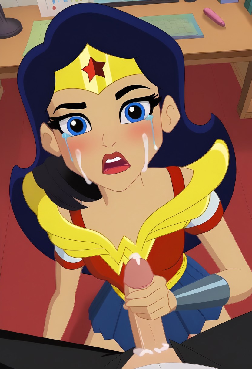 ai_generated armor black_hair blush civitai crying cum dc dc_comics dc_super_hero_girls embarrassed forced handjob indoors kneeling looking_at_viewer nw_th partial_male penis sex surprised wonder_woman