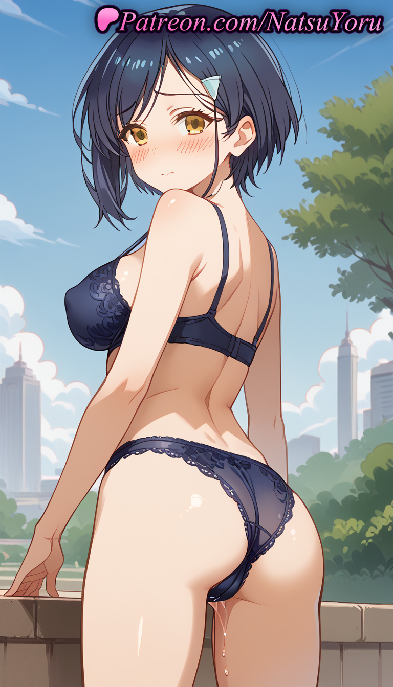 1girls ai_generated anime anime_style asian ass back bangs bare_arms bare_shoulders black_bra black_hair black_panties blue_bra blue_hair blue_panties blue_sky blush bra breasts brown_eyes building bush bust busty cameltoe closed_mouth cloud covered_nipples cowboy_shot dark_blue_hair day female female_focus female_only from_behind hair_clips hair_ornament hairclip hentai juicy_butt lace-trimmed_bra lace-trimmed_panties lace_trim large_breasts lingerie looking_at_viewer looking_back medium_breasts my_deer_friend_nokotan natsuyoru oshiri outdoors panties pantsu pussy_juice pussy_juice_drip_through_clothes pussy_juice_trail short_hair sideboob sky solo solo_female standing tree tsubameya_chiharu underwear underwear_only voluptuous voluptuous_female yellow_eyes