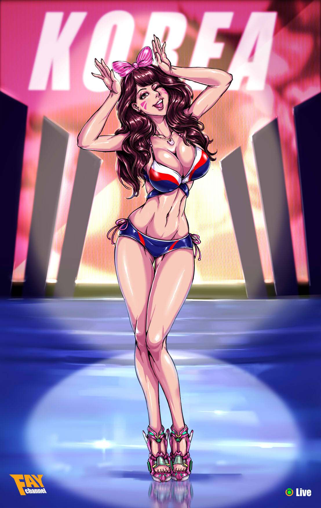 asian big_breasts blizzard_entertainment breasts brown_hair cleavage d.va faymantra female female_only flag_bikini high_heels korean large_breasts long_hair looking_at_viewer national_personification open_toe_shoes overwatch solo south_korea south_korean_flag text