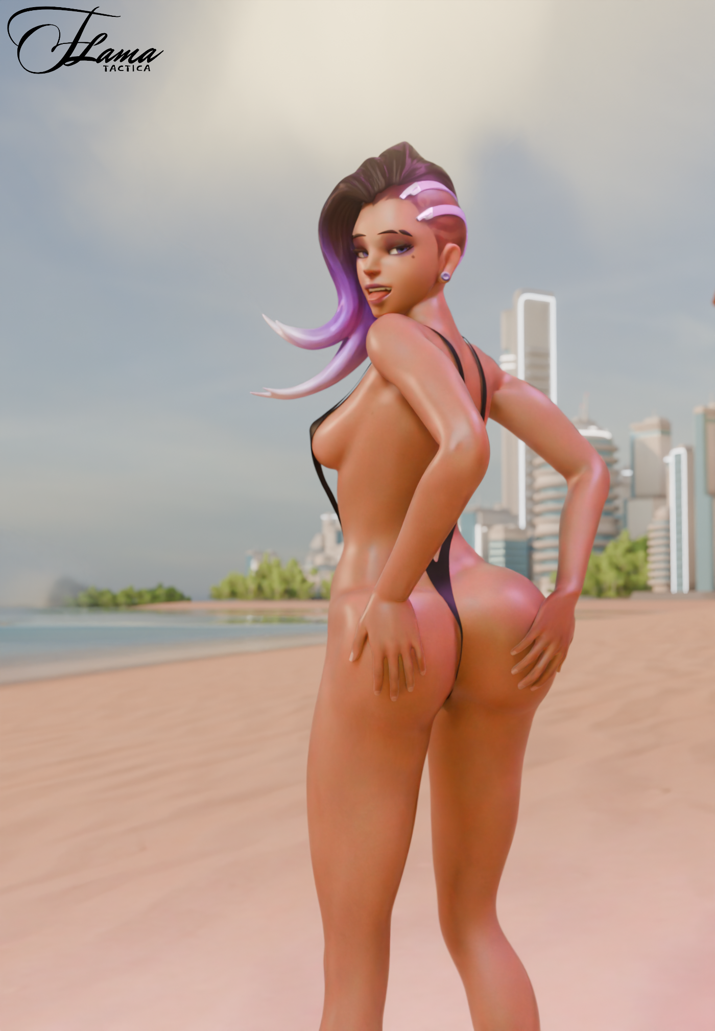 1girls, 3d, ass, ass focus, ass grab, back view, beach, beauty mark, big ass, dark skin, dark-skinned female, female, female only, flamatactica, grabbing ass, human, latina, looking at viewer, micro bikini, open mouth, outdoors, outside, overwatch, overwatch 2, presenting, presenting hindquarters, public, purple eyes, purple hair, skimpy clothes, sling bikini, slingshot swimsuit, sombra, standing, swimsuit, tongue, tongue out, two-tone hair