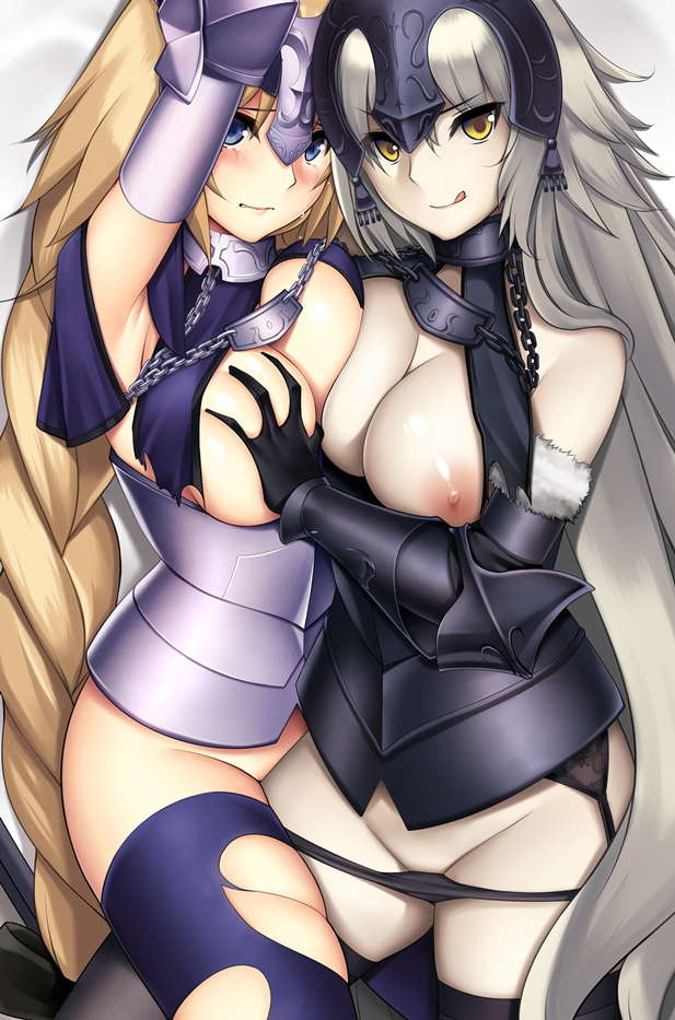 >:q 2girls :q armor armpits arms_up asymmetrical_docking bare_shoulders black_gloves black_legwear black_panties blonde_hair blue_eyes blue_legwear blush braid breast_grab breast_press breasts chains commentary dual_persona fate/apocrypha fate/grand_order fate_(series) garter_belt gauntlets gloves grabbing headpiece jeanne_alter jeanne_d'arc_(fate) large_breasts long_hair looking_at_viewer lying multiple_girls nipples no_panties on_back on_side panties panty_pull silver_hair single_braid tears thighhighs tongue tongue_out tony_guisado underwear very_long_hair yellow_eyes yuri