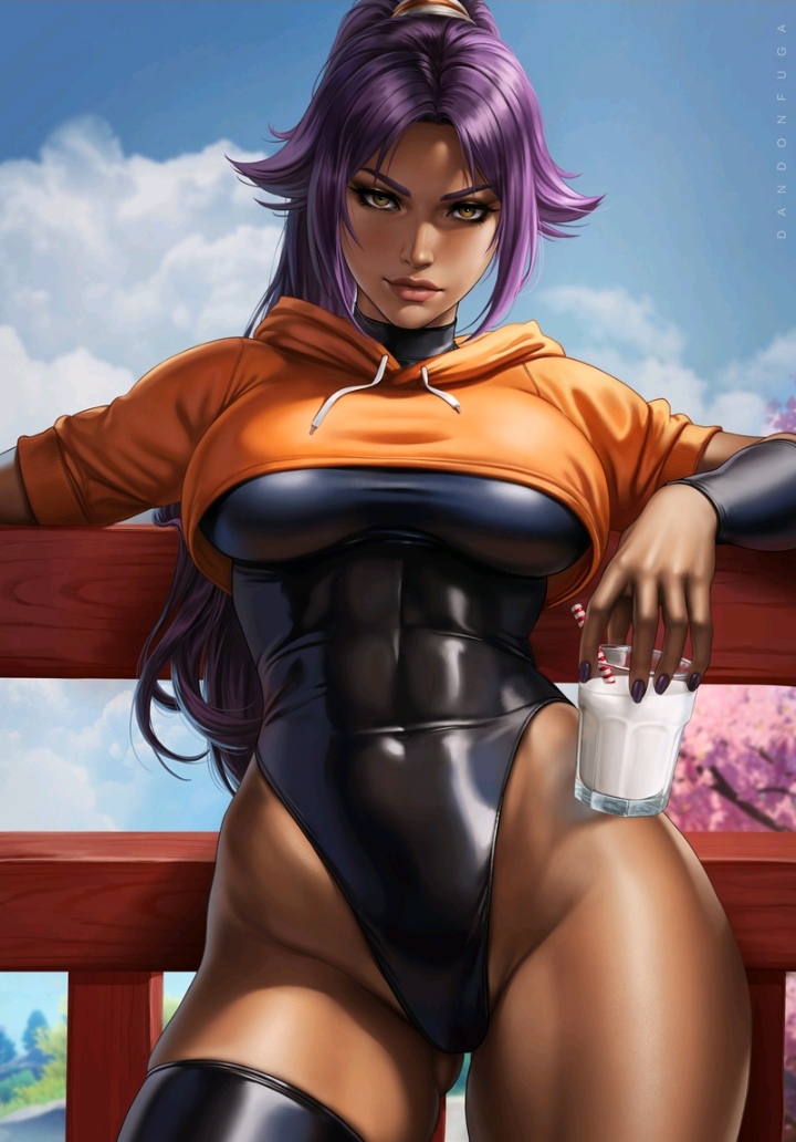 1girls black_clothing black_latex black_leotard bleach child_bearing_hips dandon_fuga dark-skinned_female dark_skin deviantart deviantart_link female fit_female glass glass_cup glass_of_milk highleg highleg_leotard holding_cup holding_glass holding_object latex latex_clothing latex_leotard latex_suit leaning_back leotard long_sleeves looking_at_viewer milk orange_clothing purple_hair shihouin_yoruichi solo thick_thighs toned toned_female underboob voluptuous yellow_eyes