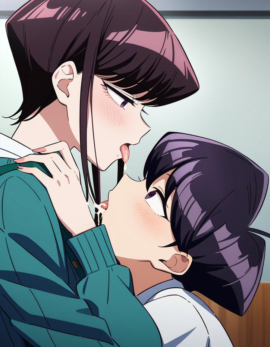 2girls ai_generated clothed cum cum_in_mouth cum_kiss cum_on_tongue cum_swap cum_swapping drooling drooling_tongue eating eating_cum female female_only incest incest_(lore) komi-san_wa_komyushou_desu komi_shouko komi_shuuko morindar open_eyes open_mouth spitting tongue tongue_out yuri yuri