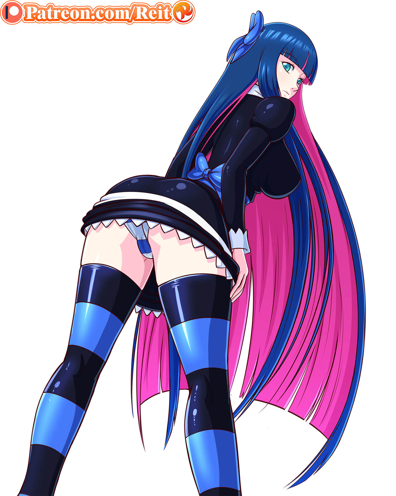 1girls, ass, big ass, big breasts, blue hair, breasts, cameltoe, female, female only, looking at viewer, looking back, panties, panty & stocking with garterbelt, pussy, reit, solo, stocking anarchy, striped legwear, striped panties, thighhighs