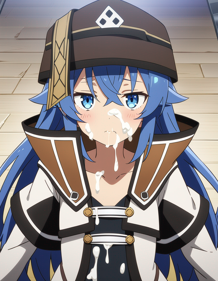 1girls ai_generated blue_eyes blue_hair blush closed_mouth clothed cum cum_in_mouth cum_on_body cum_on_clothes cum_on_face cumshot cute cute_face eating eating_cum female female_only hat morindar mushoku_tensei open_eyes roxy_migurdia small_breasts swallowing swallowing_cum young