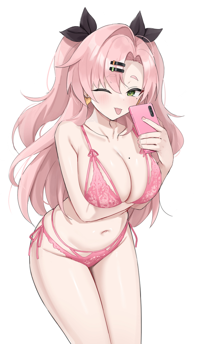 1girls blush female female_only green_eyes large_breasts lingerie mole nicole_demara phone pink_hair shengtian solo thick tongue_out wide_hips wink zenless_zone_zero